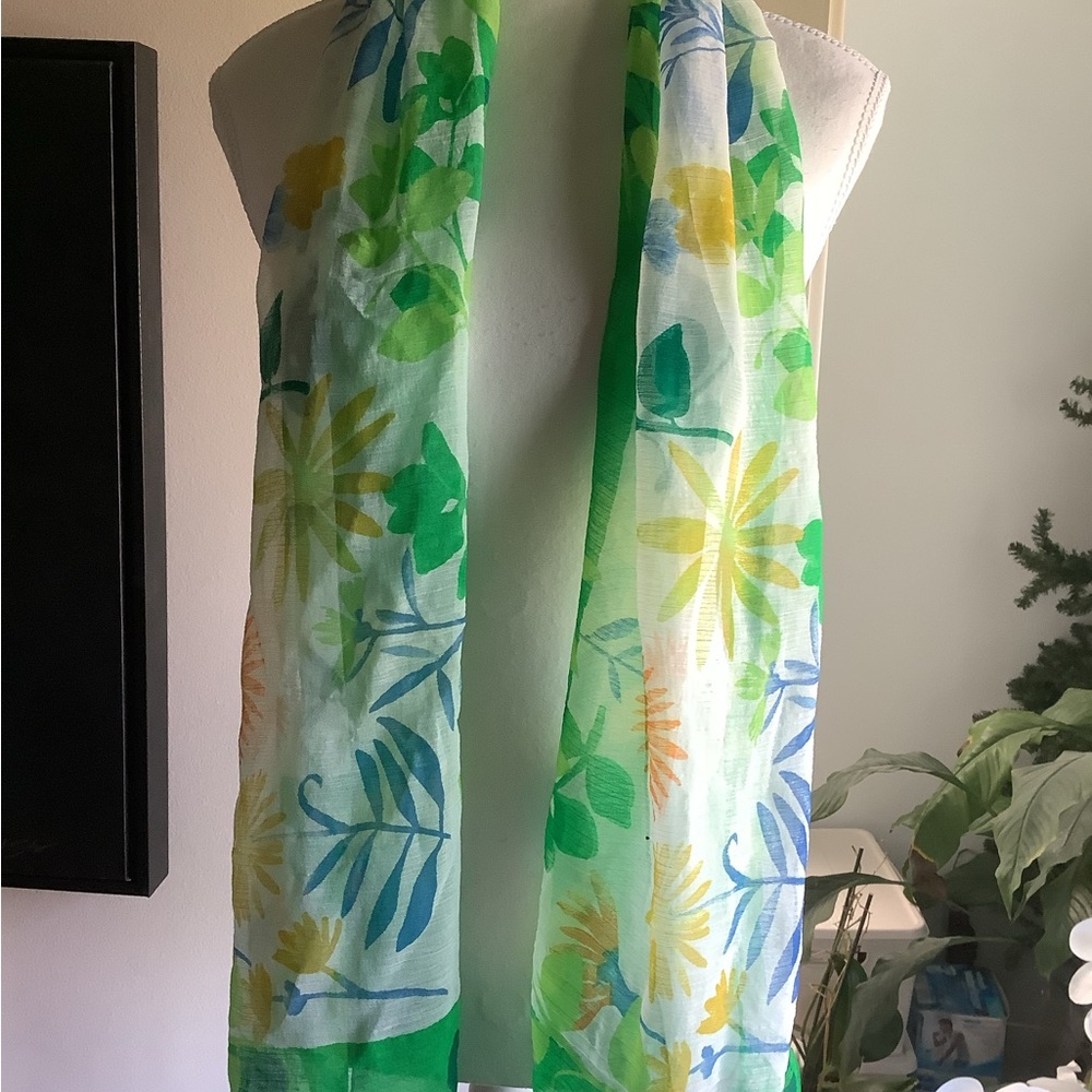 Elaine Gold Sheer Floral Green and Yellow Oblong Scarf